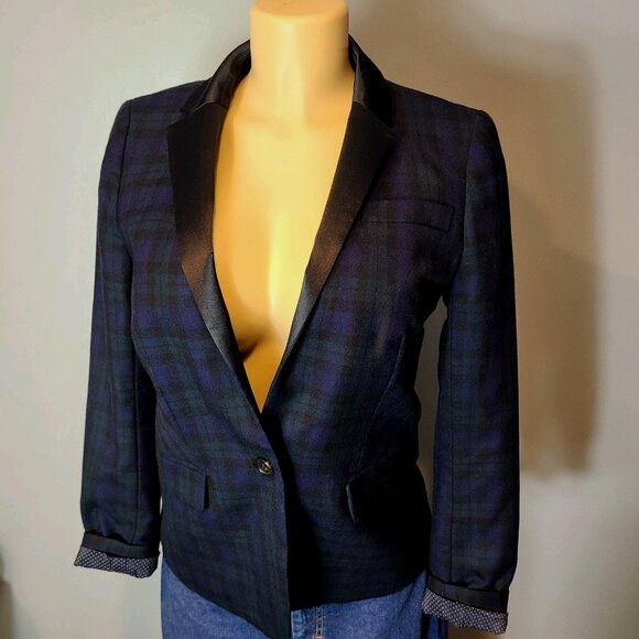 J CREW Plaid Regent Wool Blazer Womens Size 2 Satin Lapel Blue Green Academia - Picture 10 of 12